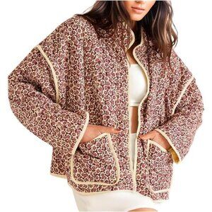 Women’s Retro Floral Quilted Cropped Puffer Jacket Stand Collar Vintage Coat